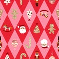 Festive Christmas seamless pattern. Red and pink harlequin background with Santa, nutcracker and ginger toys. Royalty Free Stock Photo