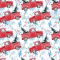 Festive Christmas seamless pattern with red retro truck, pine coniferous tree, candy cane ornament and snowflakes. Winter holiday