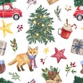 Festive Christmas seamless pattern. Watercolor hand drawn fox in scarf, holiday fir tree, red car, hot drink, stars, gifts Royalty Free Stock Photo