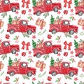 Festive Christmas seamless pattern with watercolor red vintage truck and fir tree on white background. Watercolor vintage car,