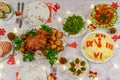 Festive Christmas served table with delicious food and decorative items. Dinner for New Year party, Christmas turkey. Winter