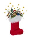 Festive Christmas stocking decoration, watercolor Christmas decoration with red Santa`s boot and Christmas gifts isolated on white Royalty Free Stock Photo