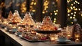 Festive Christmas sweet food. Fine Dinner buffet table with dishes, snacks, desserts and drinks. Golden glittering decoration