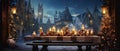 A festive Christmas table with candles in front of the medieval square on Christmas night