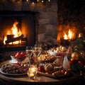 Festive Christmas Table by the Cozy Fireplace Royalty Free Stock Photo