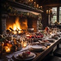 Festive Christmas Table by the Cozy Fireplace Royalty Free Stock Photo