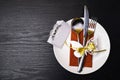 festive Christmas table place setting on wooden background Royalty Free Stock Photo