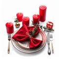 Festive Christmas Table Setting with Red Candles and Napkin on White Royalty Free Stock Photo