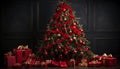 Festive christmas tree with classic ornaments and wrapped gifts, copy space available.