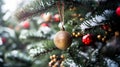 Festive Christmas Tree Close-up: Snowy Branches & Ornaments Royalty Free Stock Photo