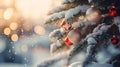 Festive Christmas Tree Close-up: Snowy Branches & Ornaments Royalty Free Stock Photo