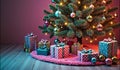 Festive christmas tree with colorful gifts and ornaments Royalty Free Stock Photo
