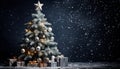 Festive christmas tree covered in snow contrasting with dark blue background, holiday concept Royalty Free Stock Photo
