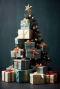 Festive Christmas Tree Formed by Pile of Gift Boxes AI Generated