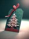 Festive Christmas tree gift label with ribbon.