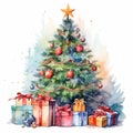 Christmas tree with gifts in the living room in a watercolor style 4