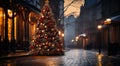 A Festive Christmas Tree Illuminating a Vibrant City Street at Night. A christmas tree on a city street at night