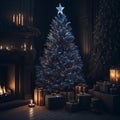 Festive Christmas Tree In Living Room During Wintertime Holiday Season