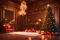 Festive Christmas Tree in a Luxurious Living Room generated by AI tool Royalty Free Stock Photo