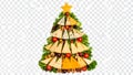 Festive Christmas tree made of cheese, vegetables, and walnuts on transparent background. Royalty Free Stock Photo