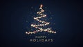 Festive Christmas tree made of glowing string lights on dark blue background Royalty Free Stock Photo