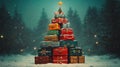 A festive christmas tree made from a stack of travel suitcases. December Xmas holiday Royalty Free Stock Photo