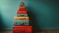 A festive christmas tree made from a stack of travel suitcases. December Xmas holiday Royalty Free Stock Photo