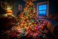 Festive Christmas Tree with Multicolored LED Lights and Presents Royalty Free Stock Photo