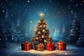Festive Christmas tree with ornaments and golden star next to red gift present boxes on snowy night forest landscape Royalty Free Stock Photo