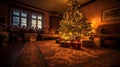 Festive Christmas Tree with Presents and Cozy Fireplace Royalty Free Stock Photo