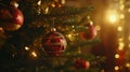 Festive christmas tree with red baubles and warm lights Royalty Free Stock Photo