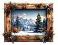 Festive Christmas Tree Scene Framed by Rustic Wood with Snowy Mountain Background Royalty Free Stock Photo