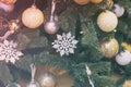 Festive christmas tree with snowflakes, colorful balls, garlands, decorations. Selective focus. Abstract background for Royalty Free Stock Photo