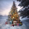 Festive Christmas Tree in Snowy Landscape Royalty Free Stock Photo