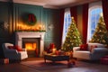 festive Christmas trees and a cozy fireplace generated by ai