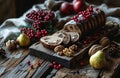 festive christmas tresor rola with nuts, berries and pears on a wooden board Royalty Free Stock Photo