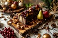 festive christmas tresor rola with nuts, berries and pears on a wooden board Royalty Free Stock Photo