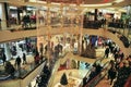 A festive Christmas view of the shopping center decorated with scenery and lights.