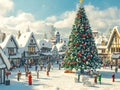Festive Christmas Village Scene with a Large Decorated Christmas Tree Royalty Free Stock Photo