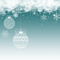 Festive Christmas or Winter Decoration with Xmas Tree Balls on light blue background with snowy effect. Christmas or New Year Royalty Free Stock Photo