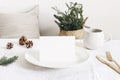 Festive Christmas, winter table setting. Golden cutlery, spruce tree branch, linen tablecloth, porcelain dinner plate