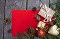 Festive christmas wood and red background top view with wooden table texture