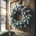 Winter Holiday Wreath on Rustic Wooden Door, AI Generated Royalty Free Stock Photo