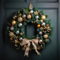Festive Christmas wreath with baubles bow and cones. Royalty Free Stock Photo