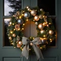 Festive Christmas wreath with baubles bow and cones. Royalty Free Stock Photo