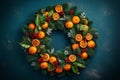 Festive Christmas wreath. Crafted from lush green tree branches, slices of mandarins and red rowan berrie on textured blue wall.