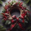 A festive Christmas wreath with red berries, pinecones, and plaid bow