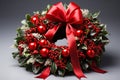 Festive Christmas wreath of fresh natural spruce branches and green leaves with red balls, holly berries and ribbon Royalty Free Stock Photo