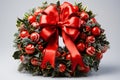 Festive Christmas wreath of fresh natural spruce branches and green leaves with red balls, holly berries and ribbon Royalty Free Stock Photo