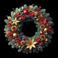 Festive Christmas wreath of fresh natural spruce branches with red holly berries isolated on black background Royalty Free Stock Photo